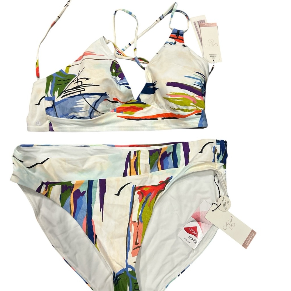 Calia Women XXL Bikini Set Abstract Print Triangle Top Mid Rise Bottom NWT